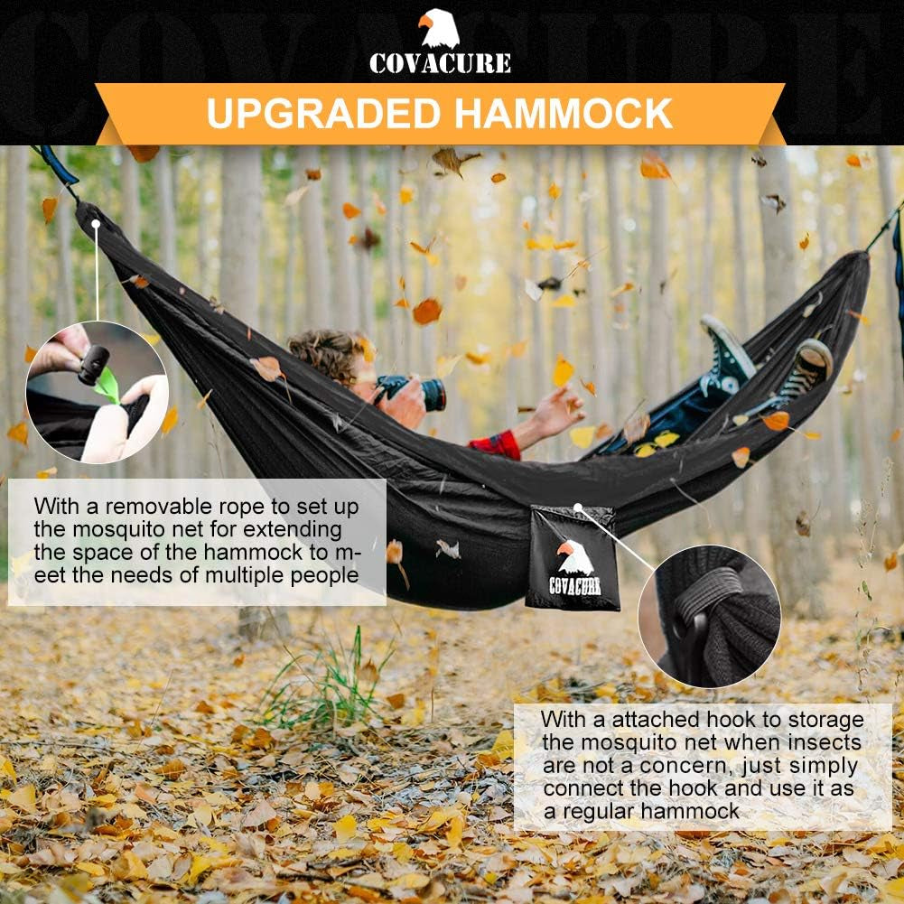 Camping Hammock - 772Lbs Capacity Double Hammock with Tree Straps, Lightweight Parachute Nylon Outdoor Survival Gear for Hiking, Backpacking, Travel or Backyard (Black)