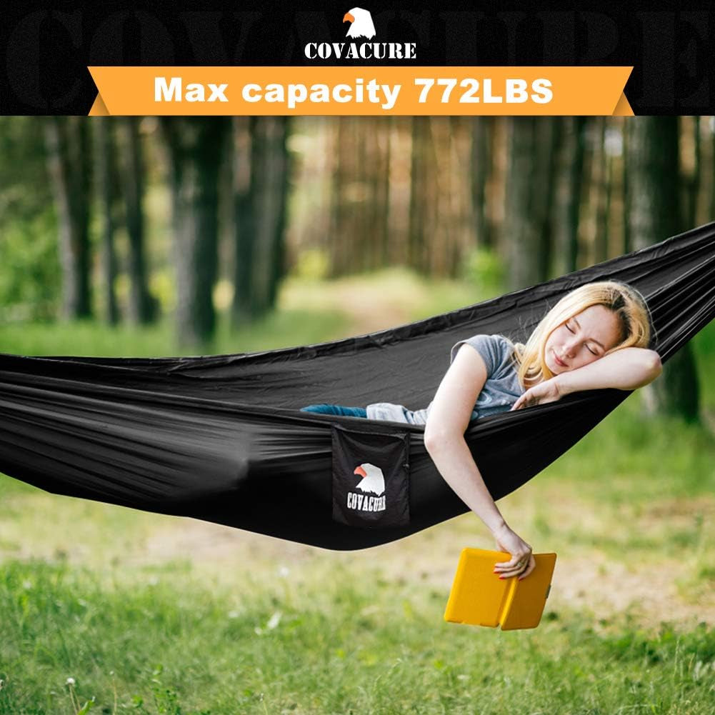 Camping Hammock - 772Lbs Capacity Double Hammock with Tree Straps, Lightweight Parachute Nylon Outdoor Survival Gear for Hiking, Backpacking, Travel or Backyard (Black)