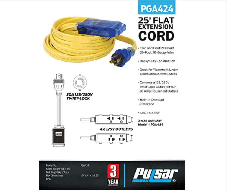 25' L5-30P to 3.5-15R 10 Gauge Flat Extension Cord w/ three 125V Household Outlets-2