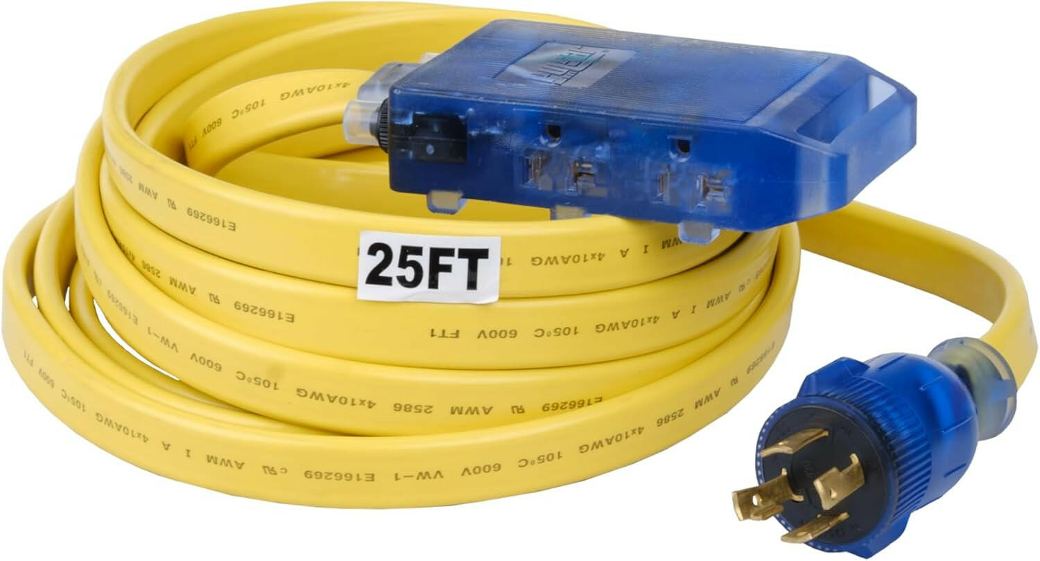 25' L5-30P to 3.5-15R 10 Gauge Flat Extension Cord w/ three 125V Household Outlets-1