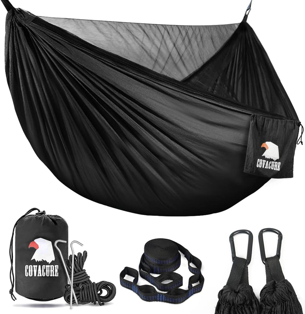 Camping Hammock - 772Lbs Capacity Double Hammock with Tree Straps, Lightweight Parachute Nylon Outdoor Survival Gear for Hiking, Backpacking, Travel or Backyard (Black)